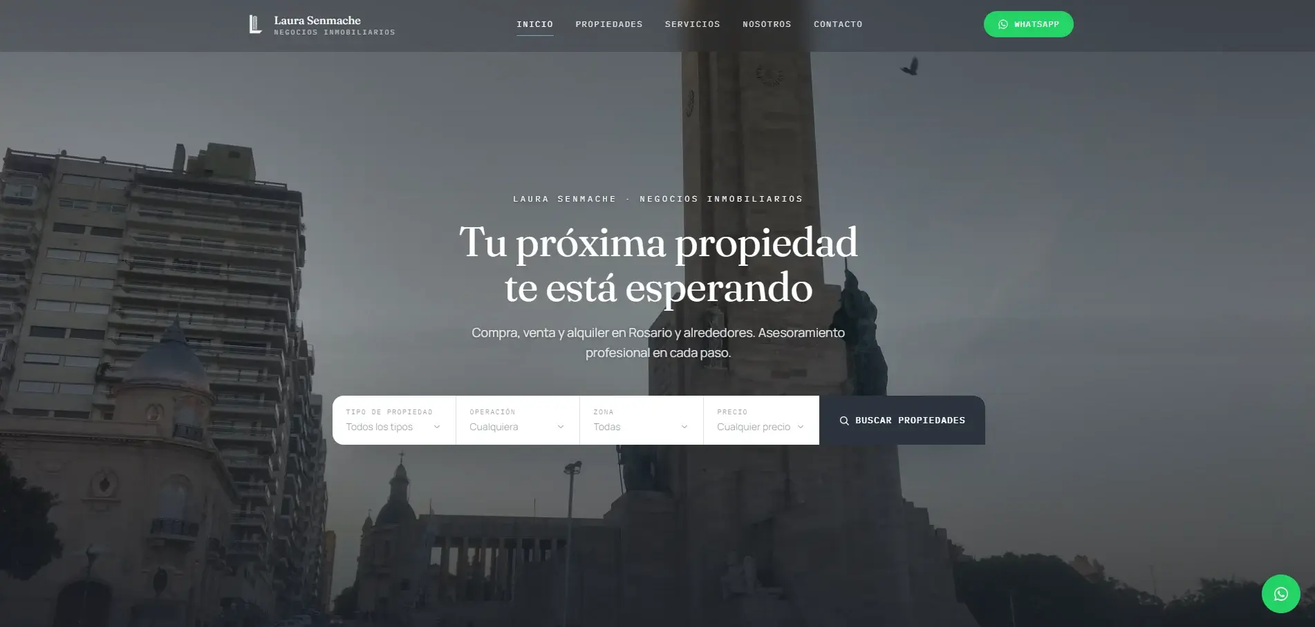 Interfaz del sitio de LS Negocios Inmobiliarios con catálogo de propiedades y panel de gestión